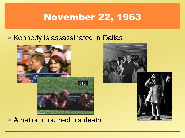 November 22, 1963 Kennedy is assassinated in Dallas A nation mourned his death 