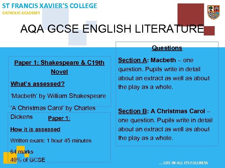 ST FRANCIS XAVIER’S COLLEGE CATHOLIC ACADEMY AQA GCSE ENGLISH LITERATURE Questions Paper 1: Shakespeare