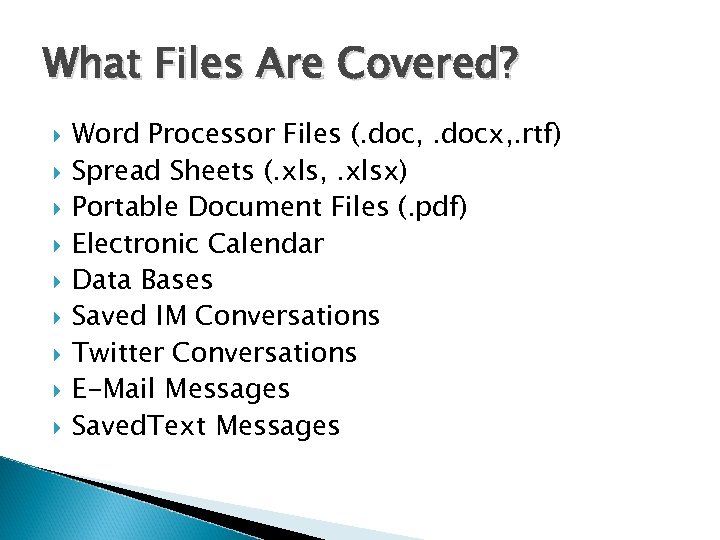 What Files Are Covered? Word Processor Files (. doc, . docx, . rtf) Spread