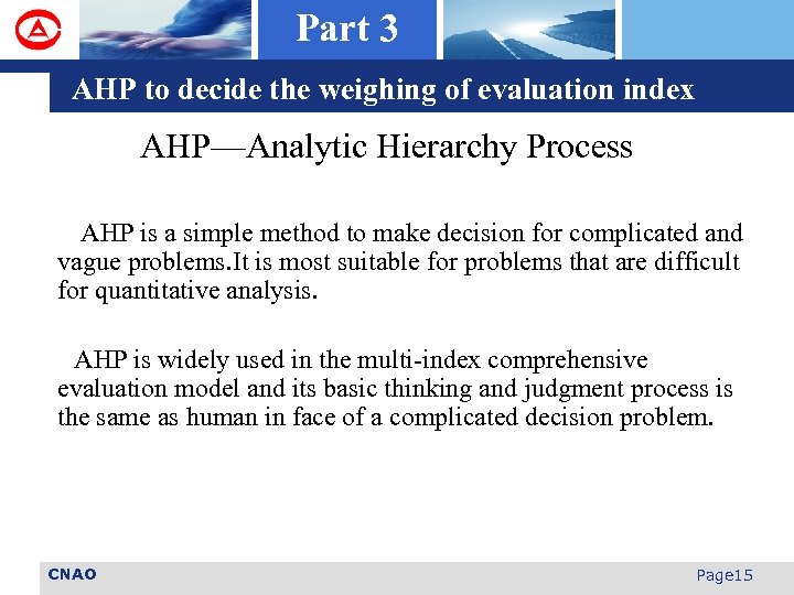 Part 3 AHP to decide the weighing of evaluation index AHP—Analytic Hierarchy Process AHP