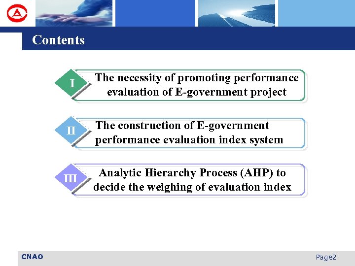 Contents I The necessity of promoting performance evaluation of E-government project II III CNAO