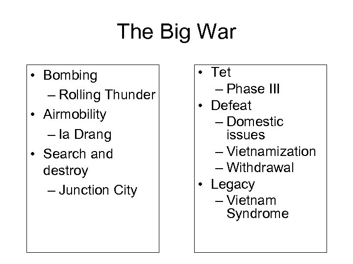 The Big War • Bombing – Rolling Thunder • Airmobility – Ia Drang •