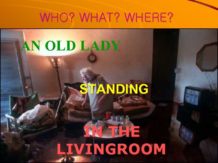 WHO? WHAT? WHERE? AN OLD LADY STANDING IN THE LIVINGROOM 