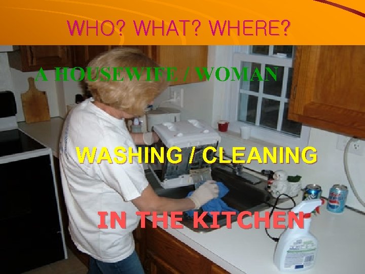 WHO? WHAT? WHERE? A HOUSEWIFE / WOMAN WASHING / CLEANING IN THE KITCHEN 