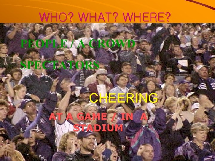 WHO? WHAT? WHERE? PEOPLE / A CROWD SPECTATORS CHEERING AT A GAME / IN