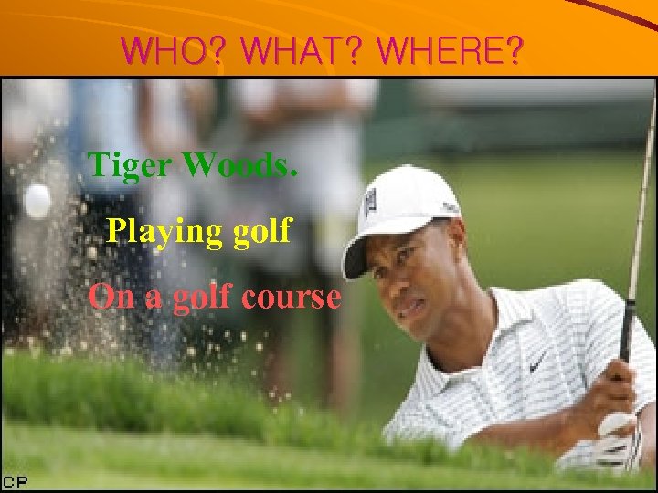 WHO? WHAT? WHERE? Tiger Woods. Playing golf On a golf course 