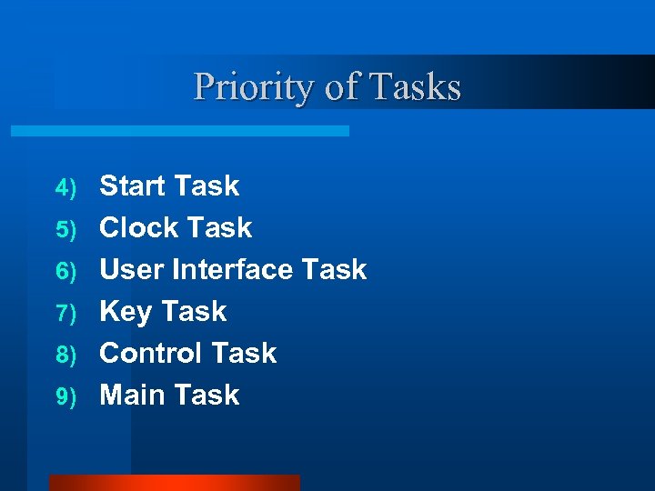 Priority of Tasks 4) 5) 6) 7) 8) 9) Start Task Clock Task User