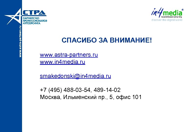 СПАСИБО ЗА ВНИМАНИЕ! www. astra-partners. ru www. in 4 media. ru smakedonski@in 4 media.