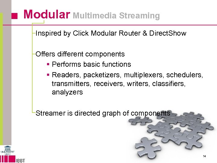 Modular Multimedia Streaming Inspired by Click Modular Router & Direct. Show Offers different components