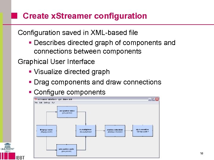 Create x. Streamer configuration Configuration saved in XML-based file § Describes directed graph of