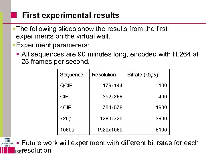 First experimental results § The following slides show the results from the first experiments