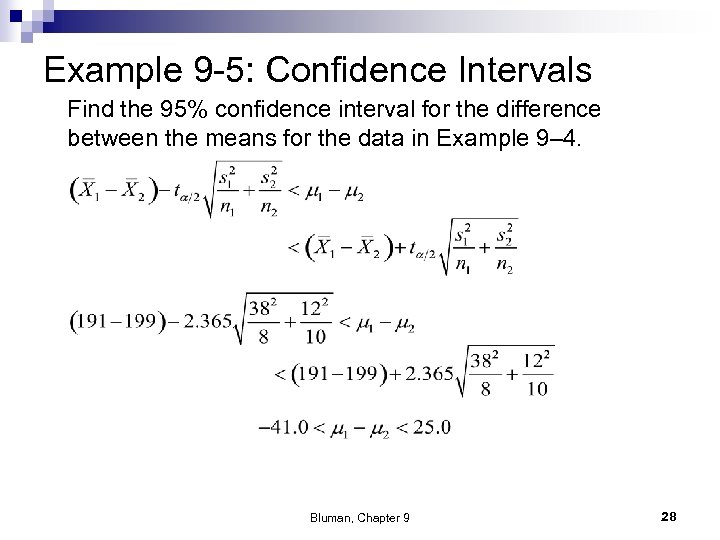 Example 9 -5: Confidence Intervals Find the 95% confidence interval for the difference between
