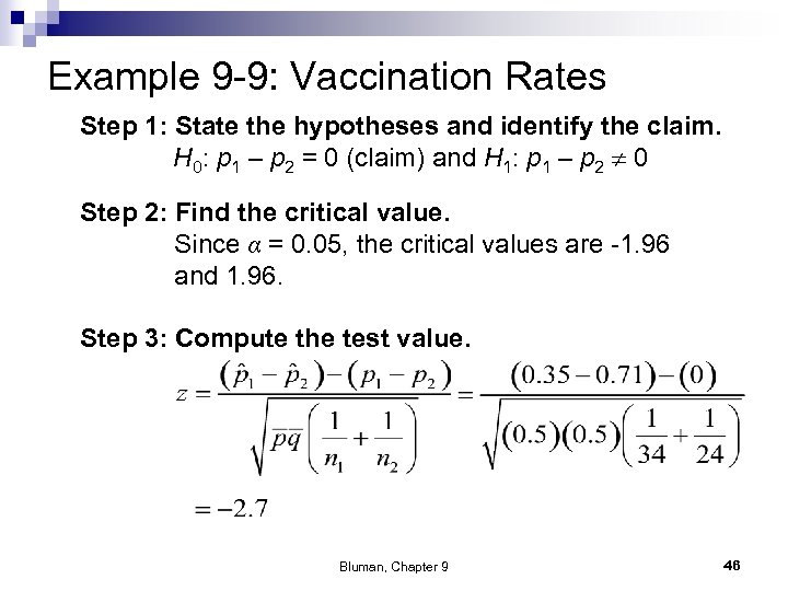 Example 9 -9: Vaccination Rates Step 1: State the hypotheses and identify the claim.
