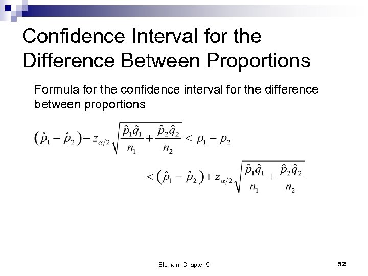 Confidence Interval for the Difference Between Proportions Formula for the confidence interval for the