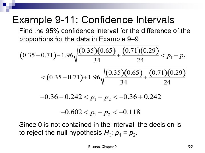 Example 9 -11: Confidence Intervals Find the 95% confidence interval for the difference of