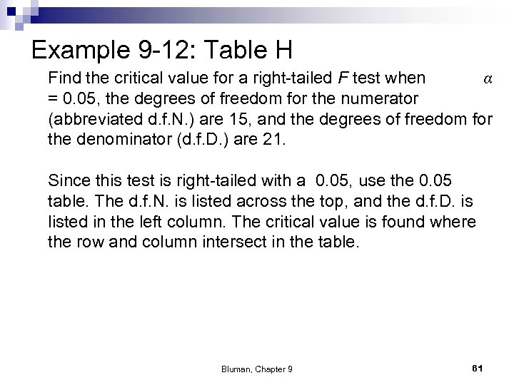 Example 9 -12: Table H Find the critical value for a right-tailed F test