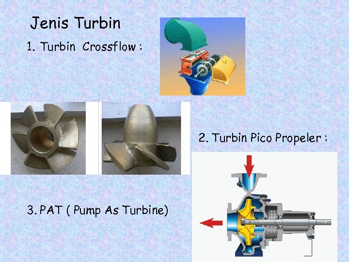 Jenis Turbin 1. Turbin Crossflow : 2. Turbin Pico Propeler : 3. PAT (