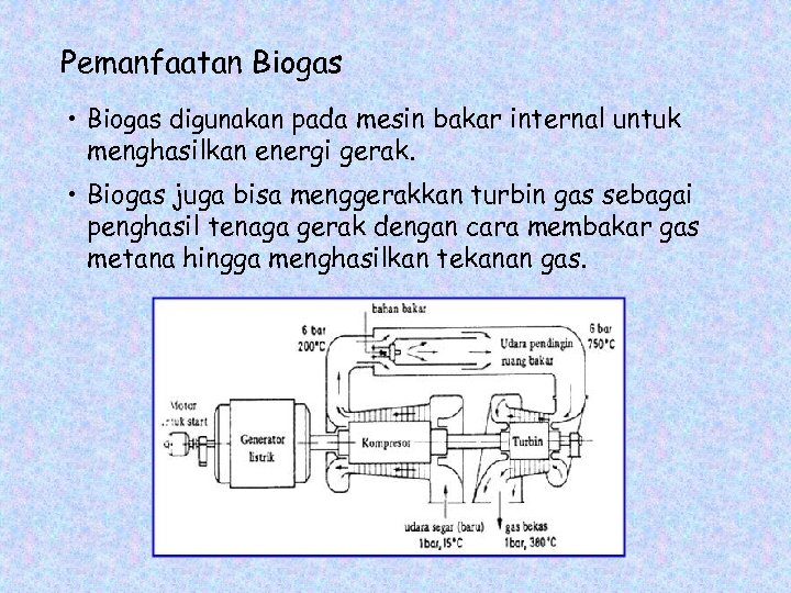 Pemanfaatan Biogas • Biogas digunakan pada mesin bakar internal untuk menghasilkan energi gerak. •