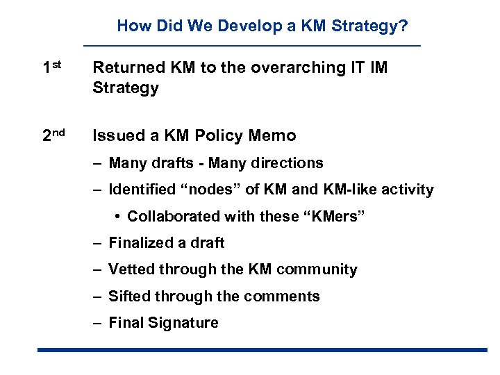 How Did We Develop a KM Strategy? 1 st Returned KM to the overarching