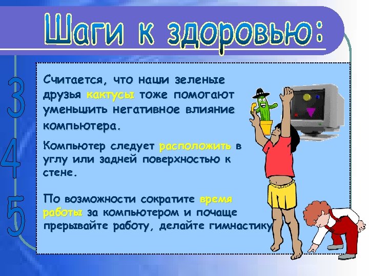 Считается, что наши зеленые друзья кактусы тоже помогают уменьшить негативное влияние компьютера. Компьютер следует