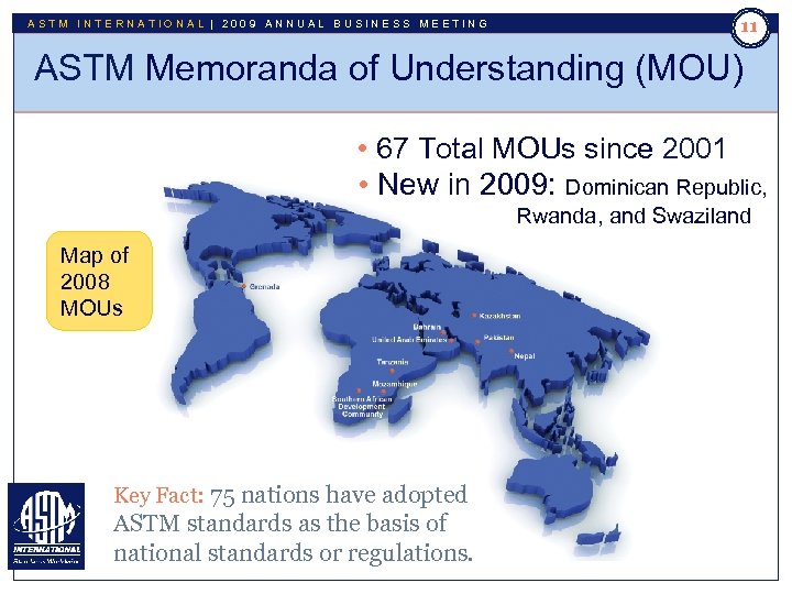 ASTM INTERNATIONAL | 2009 ANNUAL BUSINESS MEETING 11 ASTM Memoranda of Understanding (MOU) •