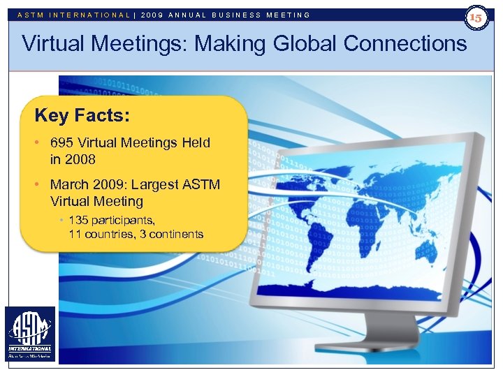 ASTM INTERNATIONAL | 2009 ANNUAL BUSINESS MEETING 15 Virtual Meetings: Making Global Connections Key