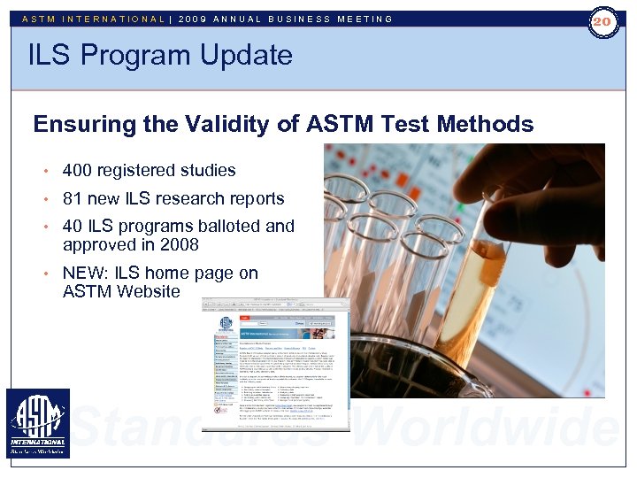 ASTM INTERNATIONAL | 2009 ANNUAL BUSINESS MEETING 20 ILS Program Update Ensuring the Validity