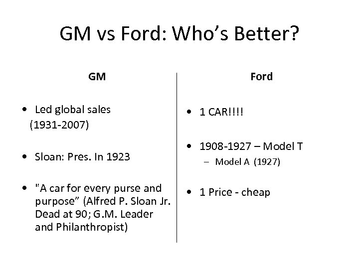 GM vs Ford: Who’s Better? GM • Led global sales (1931 -2007) • Sloan: