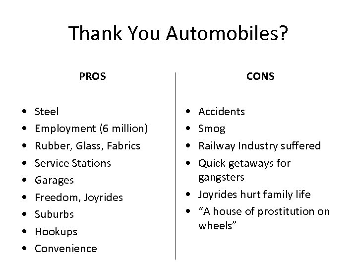 Thank You Automobiles? PROS • • • Steel Employment (6 million) Rubber, Glass, Fabrics