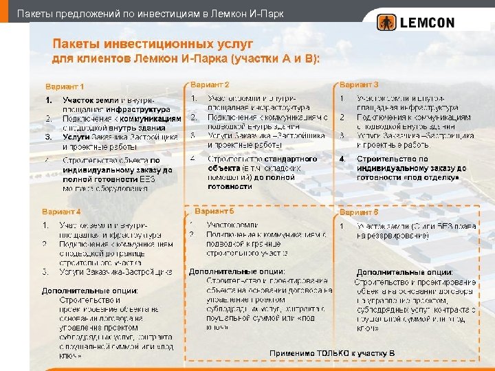 Пакеты предложений по инвестициям в Лемкон И-Парк 