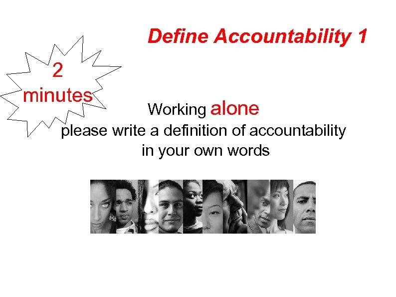 Define Accountability 1 2 minutes Working alone please write a definition of accountability in