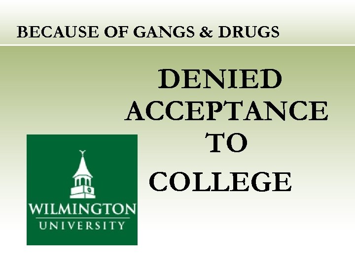 BECAUSE OF GANGS & DRUGS DENIED ACCEPTANCE TO COLLEGE 