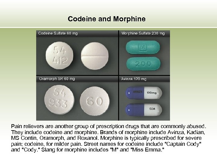 Codeine and Morphine Pain relievers are another group of prescription drugs that are commonly