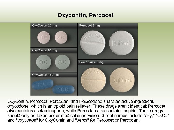 Oxycontin, Percocet Oxy. Contin, Percocet, Percodan, and Roxicodone share an active ingredient, oxycodone, which