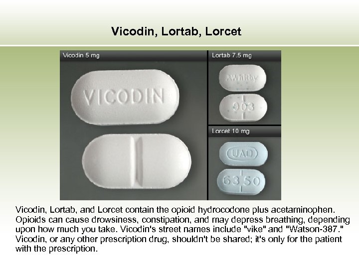 Vicodin, Lortab, Lorcet Vicodin, Lortab, and Lorcet contain the opioid hydrocodone plus acetaminophen. Opioids