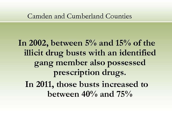 Camden and Cumberland Counties In 2002, between 5% and 15% of the illicit drug