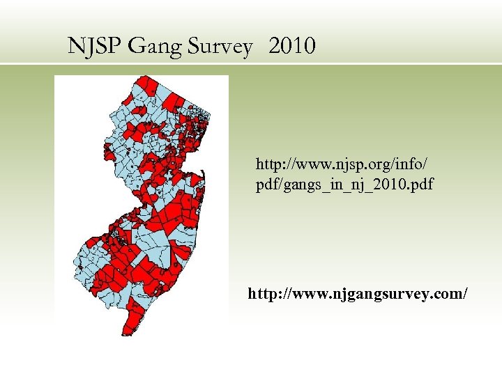 NJSP Gang Survey 2010 http: //www. njsp. org/info/ pdf/gangs_in_nj_2010. pdf http: //www. njgangsurvey. com/