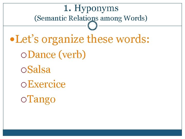 1. Hyponyms (Semantic Relations among Words) Let’s organize these words: Dance (verb) Salsa Exercice