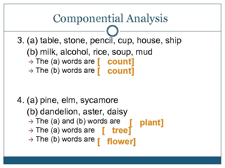 Componential Analysis 3. (a) table, stone, pencil, cup, house, ship (b) milk, alcohol, rice,