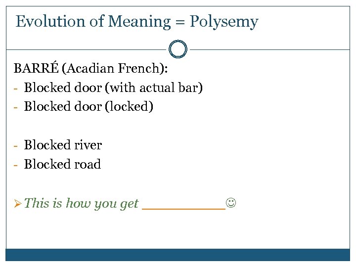 Evolution of Meaning = Polysemy BARRÉ (Acadian French): - Blocked door (with actual bar)