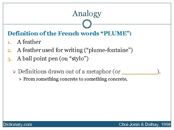Analogy Definition of the French words “PLUME”: 1. A feather 2. A feather used