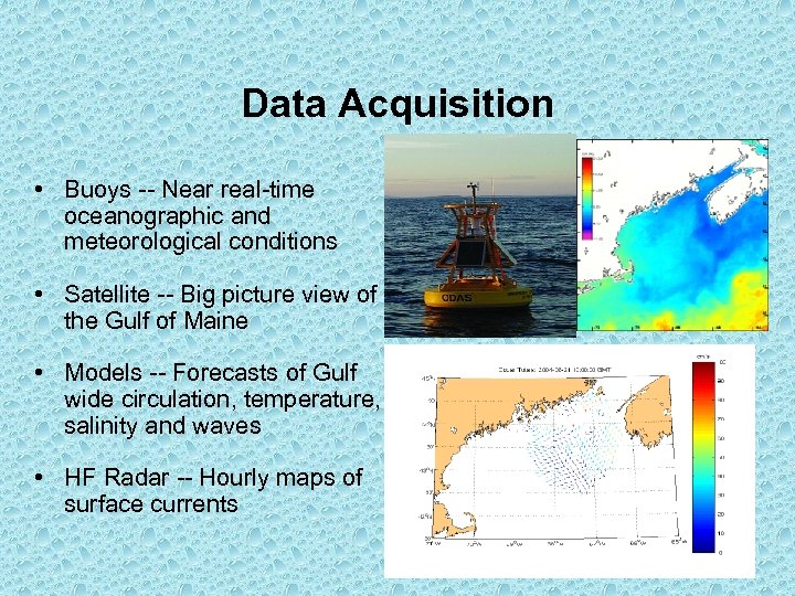 Data Acquisition • Buoys -- Near real-time oceanographic and meteorological conditions • Satellite --