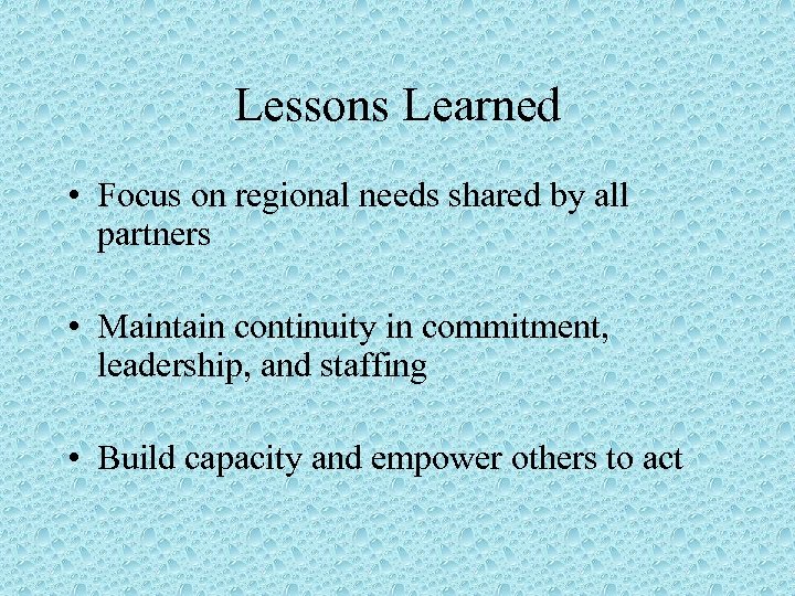 Lessons Learned • Focus on regional needs shared by all partners • Maintain continuity