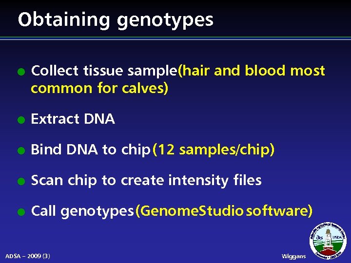 Obtaining genotypes l Collect tissue sample(hair and blood most common for calves) l Extract