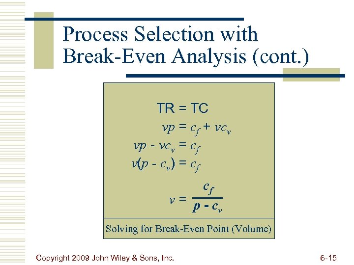 Process Selection with Break-Even Analysis (cont. ) TR = TC vp = cf +