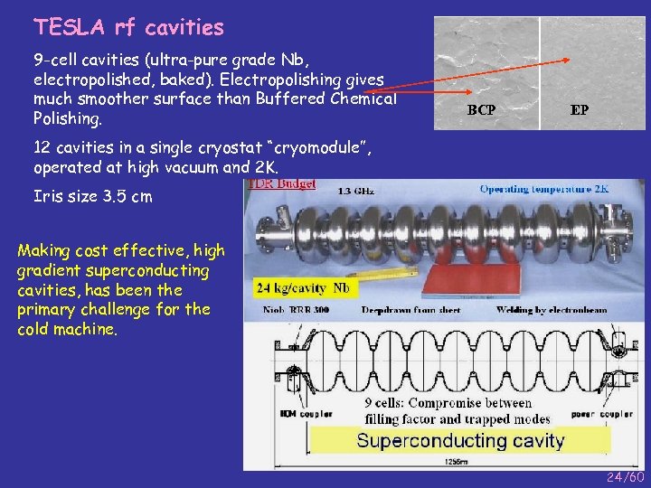 TESLA rf cavities 9 -cell cavities (ultra-pure grade Nb, electropolished, baked). Electropolishing gives much