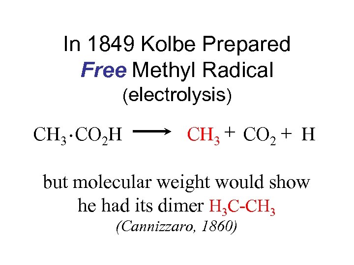 In 1849 Kolbe Prepared Free Methyl Radical (electrolysis) CH 3 • CO 2 H