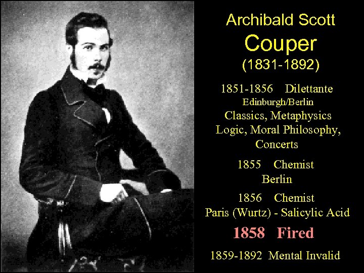 Archibald Scott Couper (1831 -1892) 1851 -1856 Dilettante Edinburgh/Berlin Classics, Metaphysics Logic, Moral Philosophy,