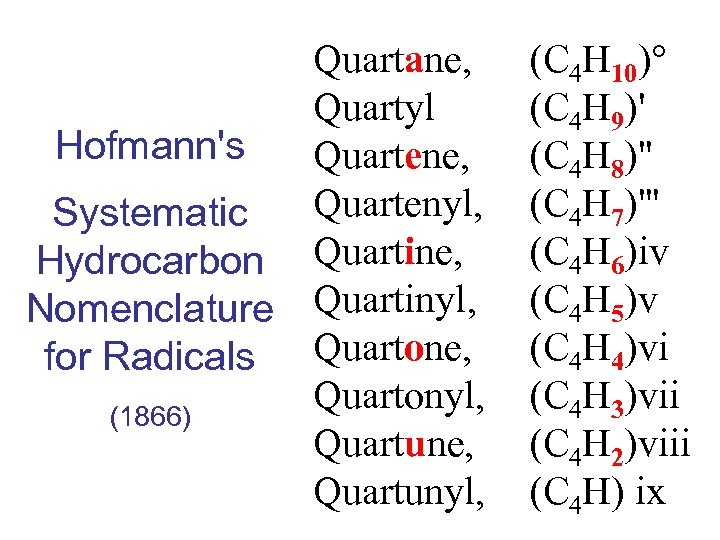 Quartane, Quartyl Hofmann's Quartene, Quartenyl, Systematic Hydrocarbon Quartine, Nomenclature Quartinyl, for Radicals Quartone, Quartonyl,