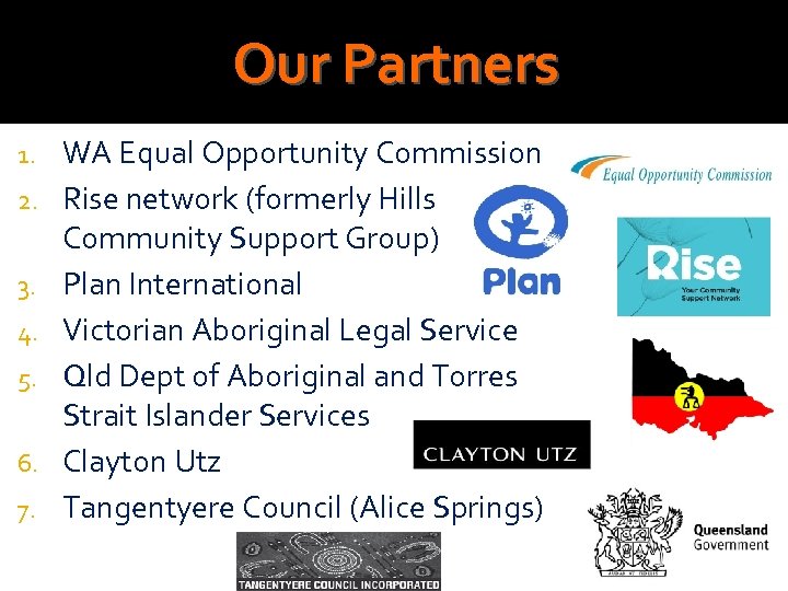 Our Partners 1. 2. 3. 4. 5. 6. 7. WA Equal Opportunity Commission Rise